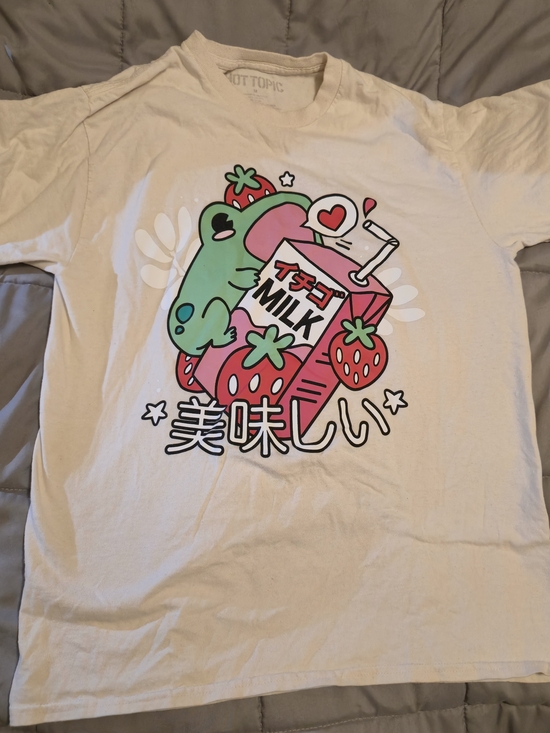Hot Topic Tops - Hot Topic White frog Strawberry Milk Cartoon Graphic Short Sleeve T-Shirt M